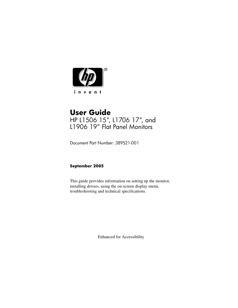 HP L1506 15-inch LCD Monitor User Manual | 60 pages