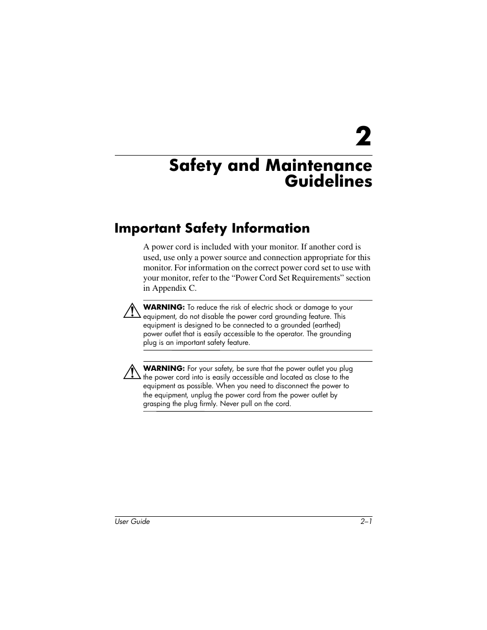 Safety and maintenance guidelines, Important safety information, 2 safety and maintenance guidelines | Important safety information –1 | HP L1506 15-inch LCD Monitor User Manual | Page 11 / 60