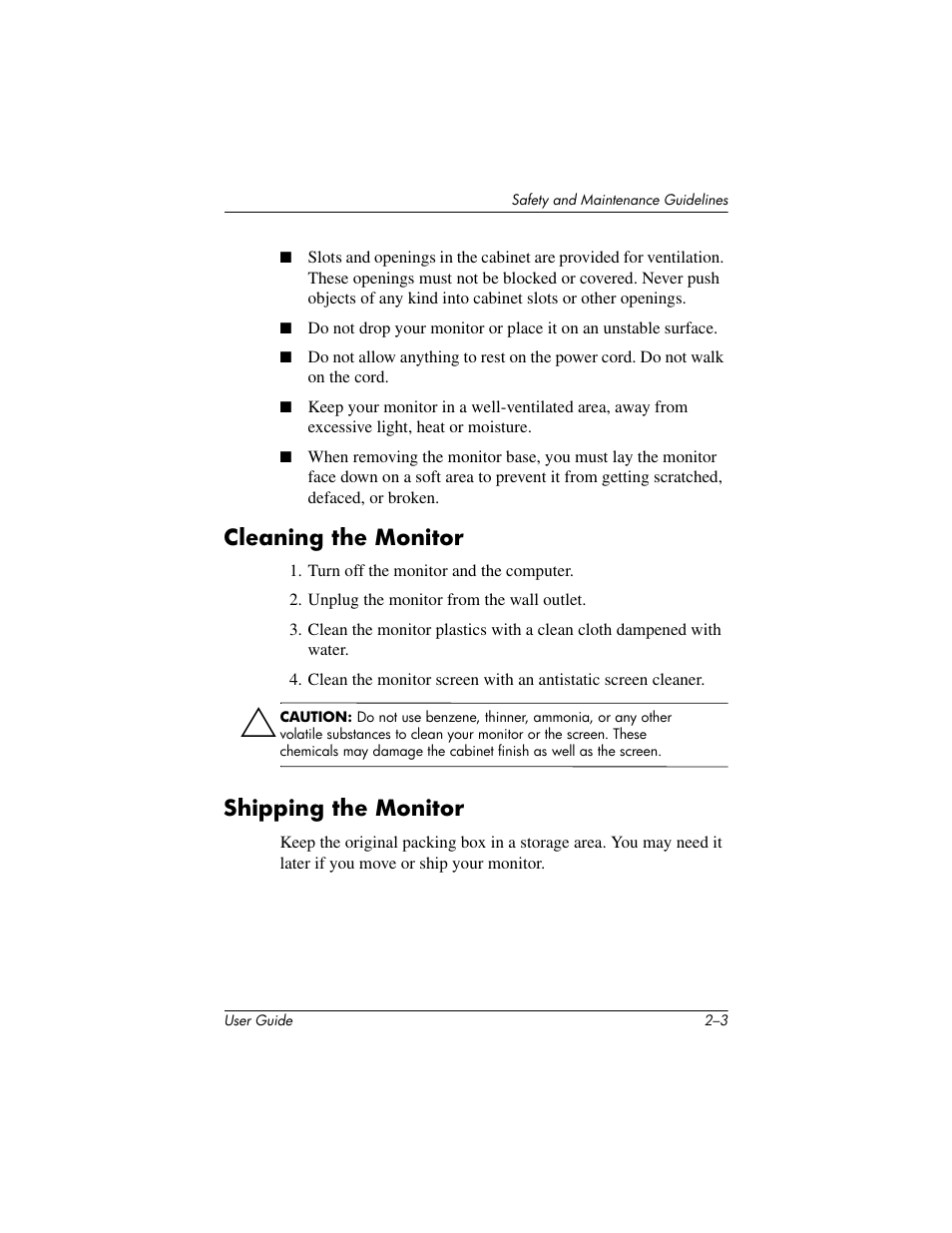 Cleaning the monitor, Shipping the monitor, Cleaning the monitor –3 shipping the monitor –3 | HP L1506 15-inch LCD Monitor User Manual | Page 13 / 60