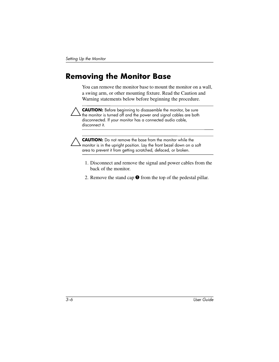 Removing the monitor base, Removing the monitor base –6 | HP L1506 15-inch LCD Monitor User Manual | Page 20 / 60