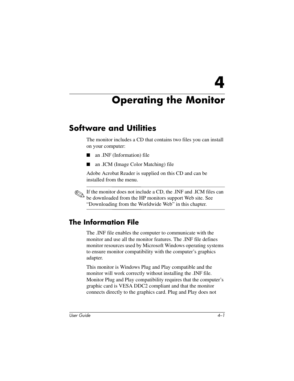 Operating the monitor, Software and utilities, The information file | 4 operating the monitor, Software and utilities –1, The information file –1 | HP L1506 15-inch LCD Monitor User Manual | Page 23 / 60