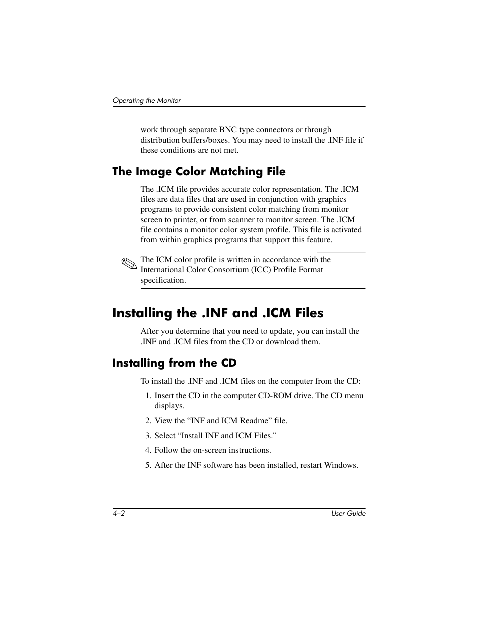 The image color matching file, Installing the .inf and .icm files, Installing from the cd | The image color matching file –2, Installing the .inf and .icm files –2, Installing from the cd –2 | HP L1506 15-inch LCD Monitor User Manual | Page 24 / 60