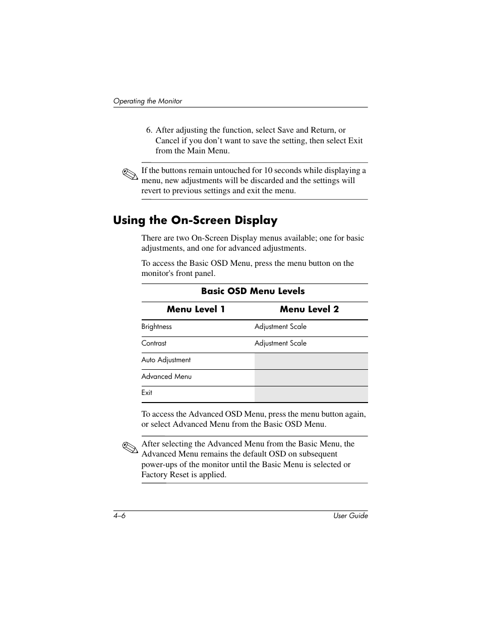 Using the on-screen display, Using the on-screen display –6 | HP L1506 15-inch LCD Monitor User Manual | Page 28 / 60