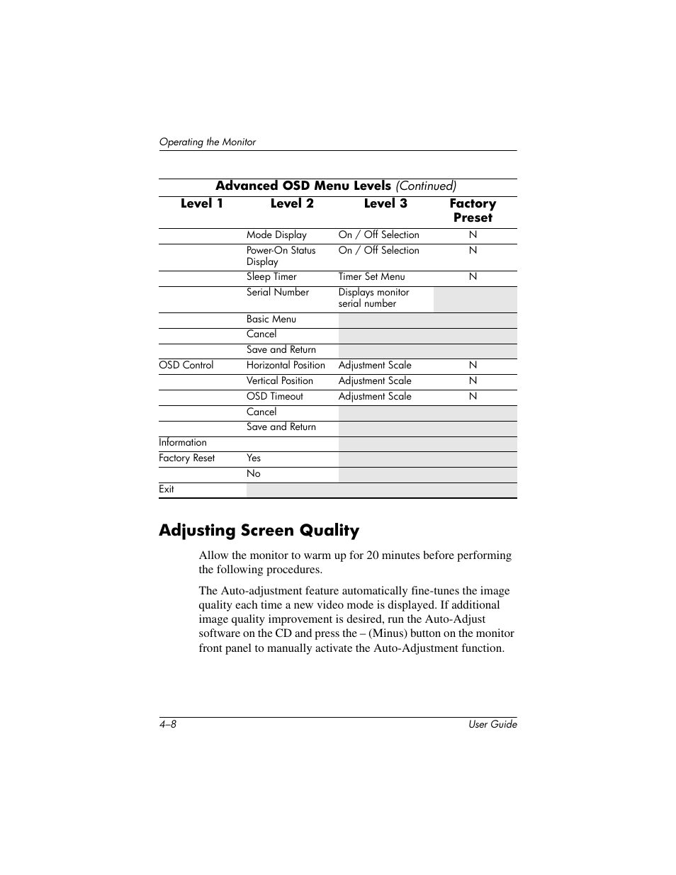 Adjusting screen quality, Adjusting screen quality –8 | HP L1506 15-inch LCD Monitor User Manual | Page 30 / 60