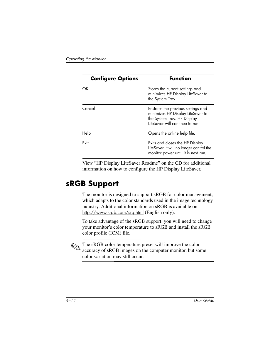 Srgb support, Srgb support –14 | HP L1506 15-inch LCD Monitor User Manual | Page 36 / 60
