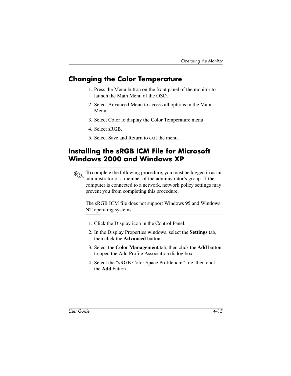 Changing the color temperature | HP L1506 15-inch LCD Monitor User Manual | Page 37 / 60