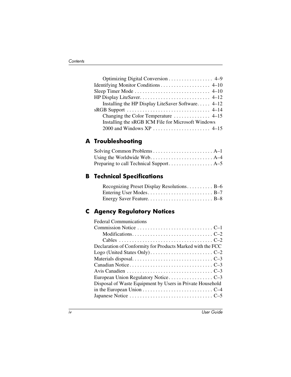 HP L1506 15-inch LCD Monitor User Manual | Page 4 / 60
