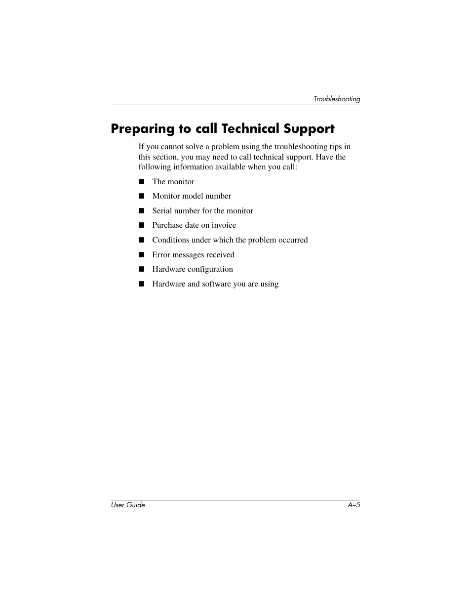 Preparing to call technical support | HP L1506 15-inch LCD Monitor User Manual | Page 43 / 60