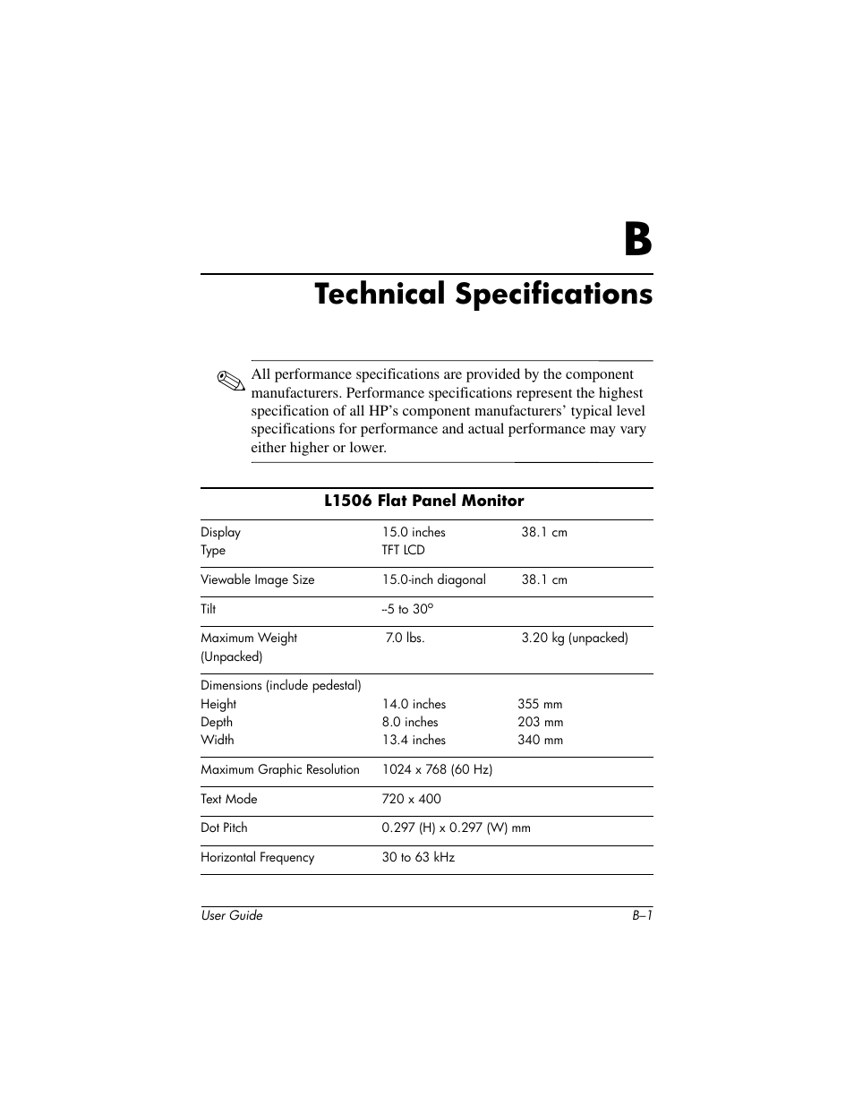 Technical specifications, B technical specifications | HP L1506 15-inch LCD Monitor User Manual | Page 45 / 60