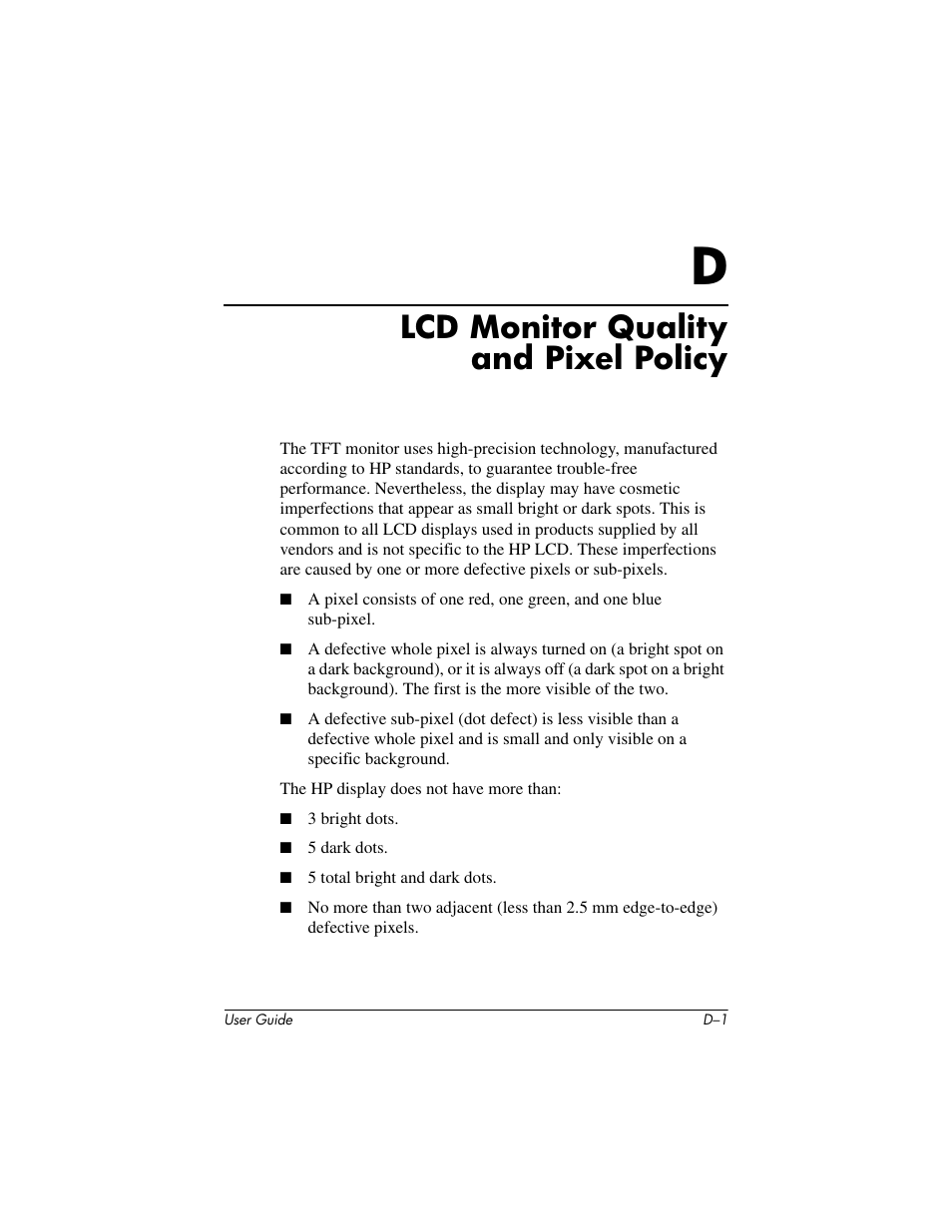Lcd monitor quality and pixel policy | HP L1506 15-inch LCD Monitor User Manual | Page 59 / 60