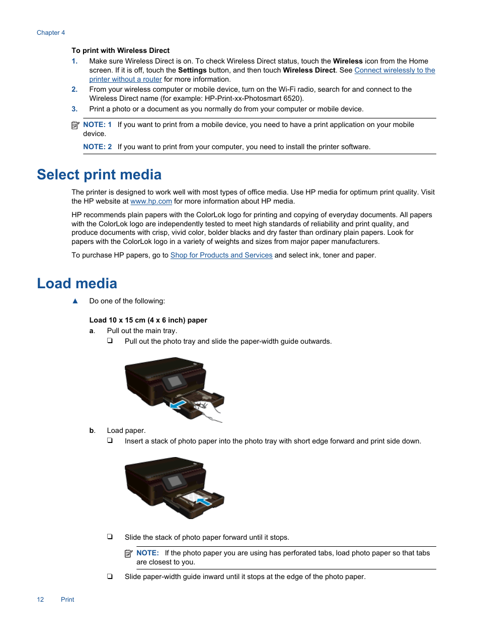 Select print media, Load media, Select print media load media | HP Photosmart 6525 e-All-in-One Printer User Manual | Page 14 / 64