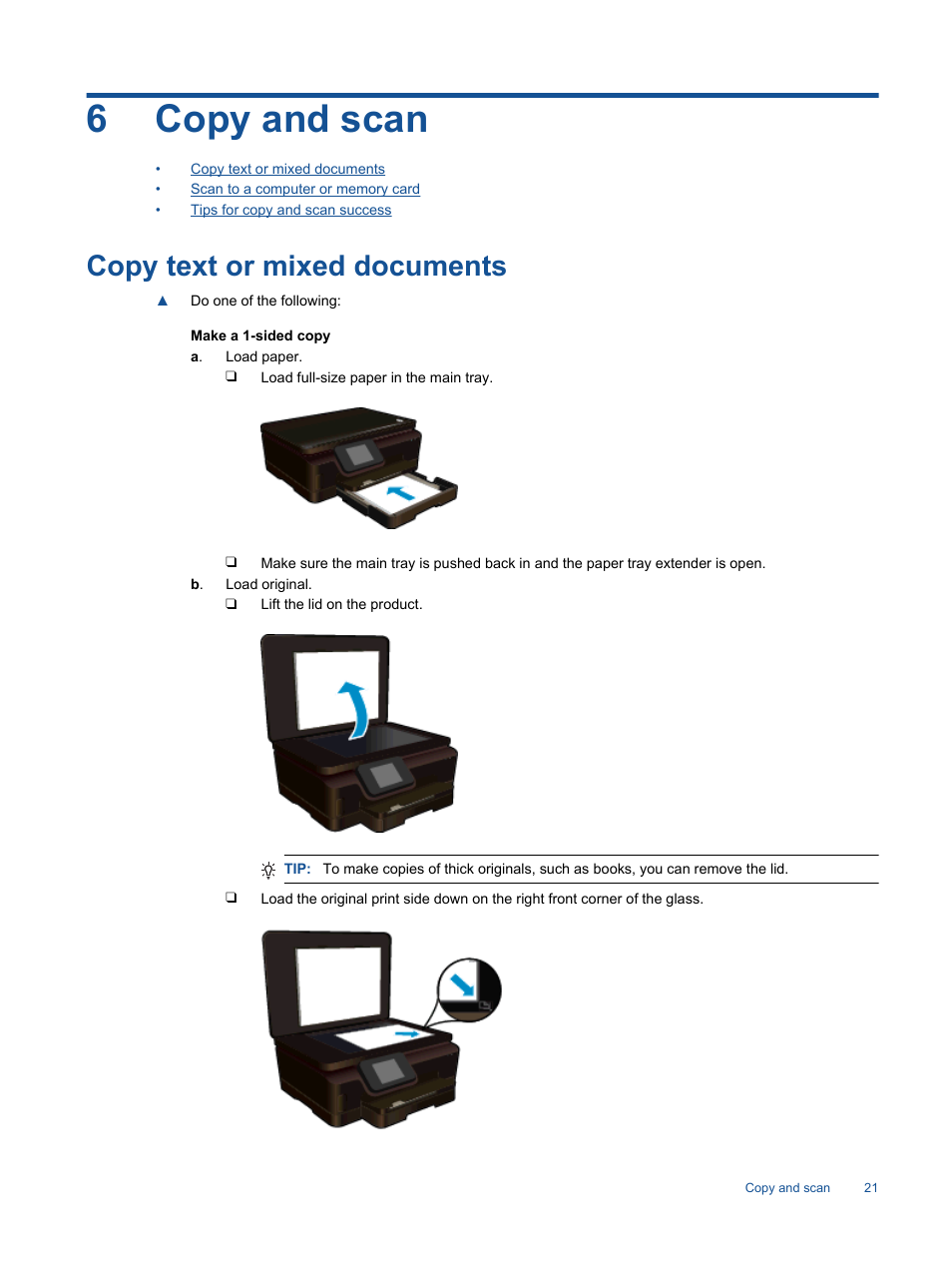 Copy and scan, Copy text or mixed documents, 6copy and scan | HP Photosmart 6525 e-All-in-One Printer User Manual | Page 23 / 64