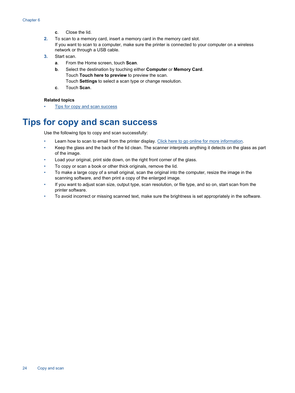 Tips for copy and scan success | HP Photosmart 6525 e-All-in-One Printer User Manual | Page 26 / 64