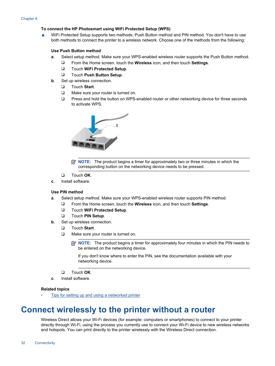 Connect wirelessly to the printer without a router | HP Photosmart 6525 e-All-in-One Printer User Manual | Page 34 / 64