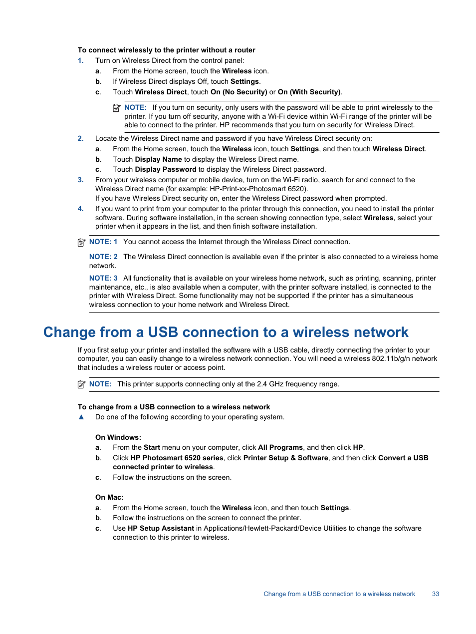Change from a usb connection to a wireless network | HP Photosmart 6525 e-All-in-One Printer User Manual | Page 35 / 64