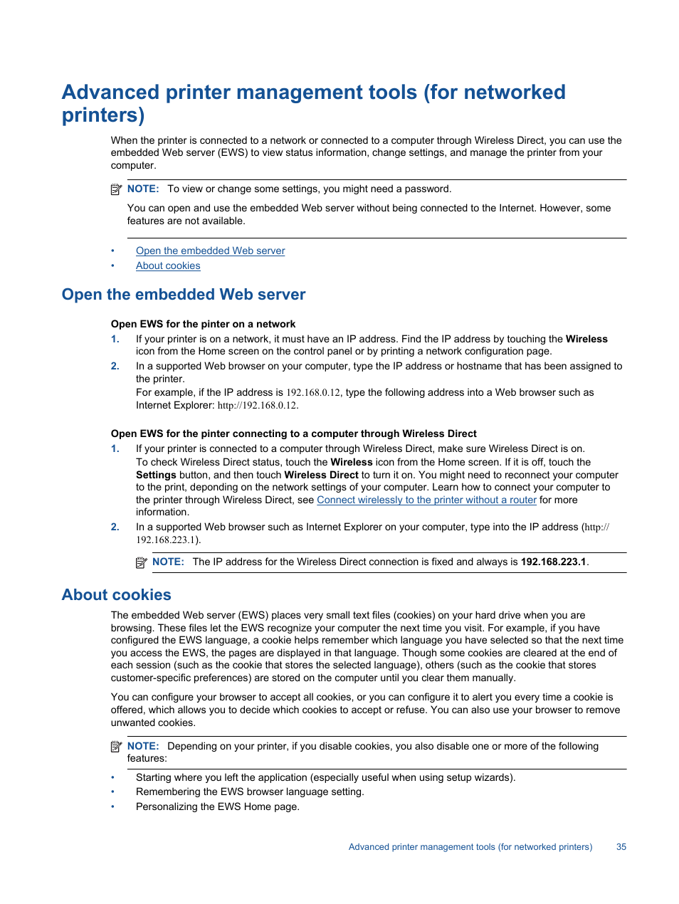 Open the embedded web server, About cookies | HP Photosmart 6525 e-All-in-One Printer User Manual | Page 37 / 64