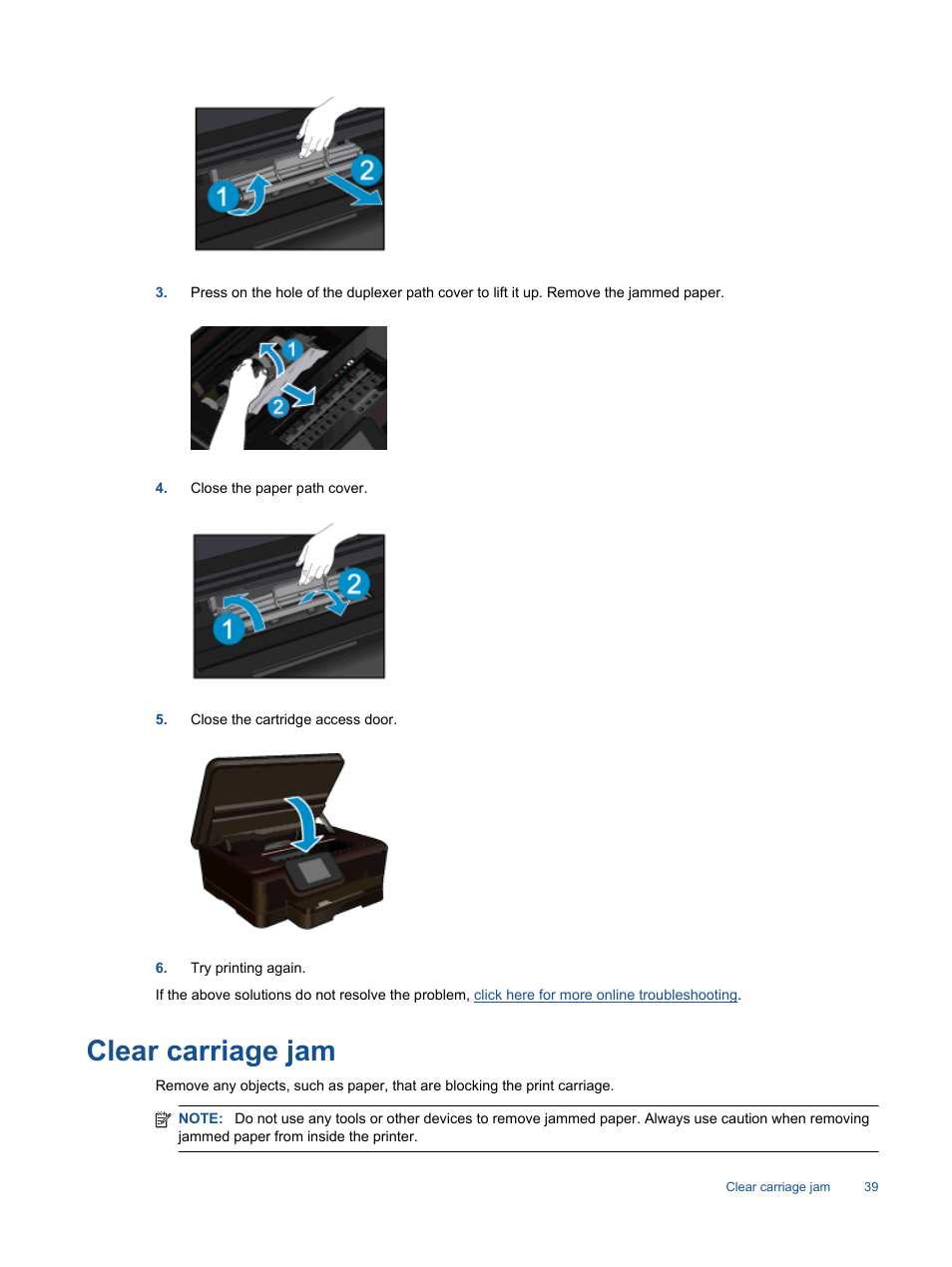 Clear carriage jam | HP Photosmart 6525 e-All-in-One Printer User Manual | Page 41 / 64