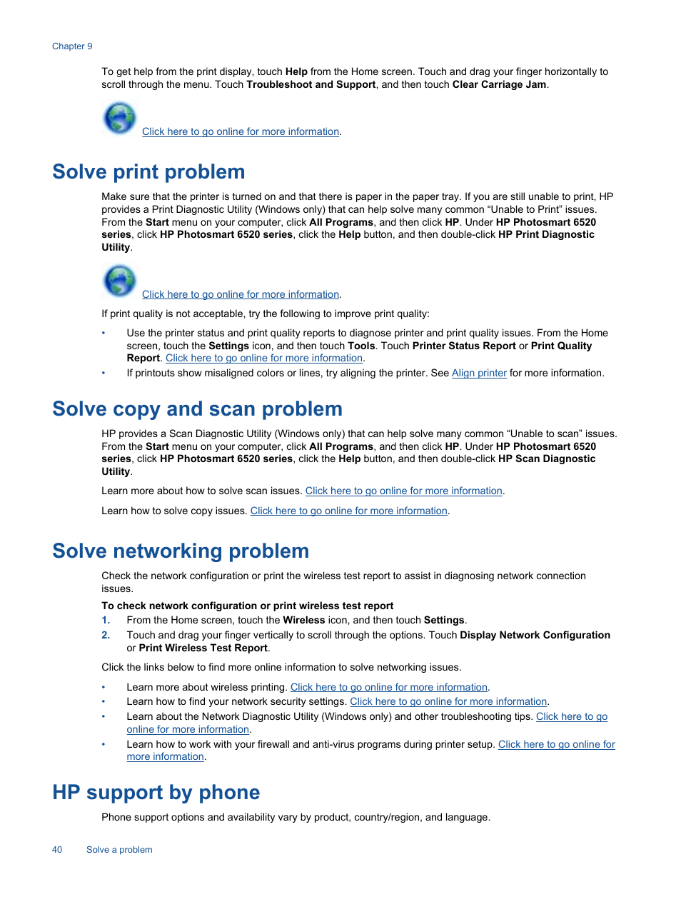Solve print problem, Solve copy and scan problem, Solve networking problem | Hp support by phone | HP Photosmart 6525 e-All-in-One Printer User Manual | Page 42 / 64