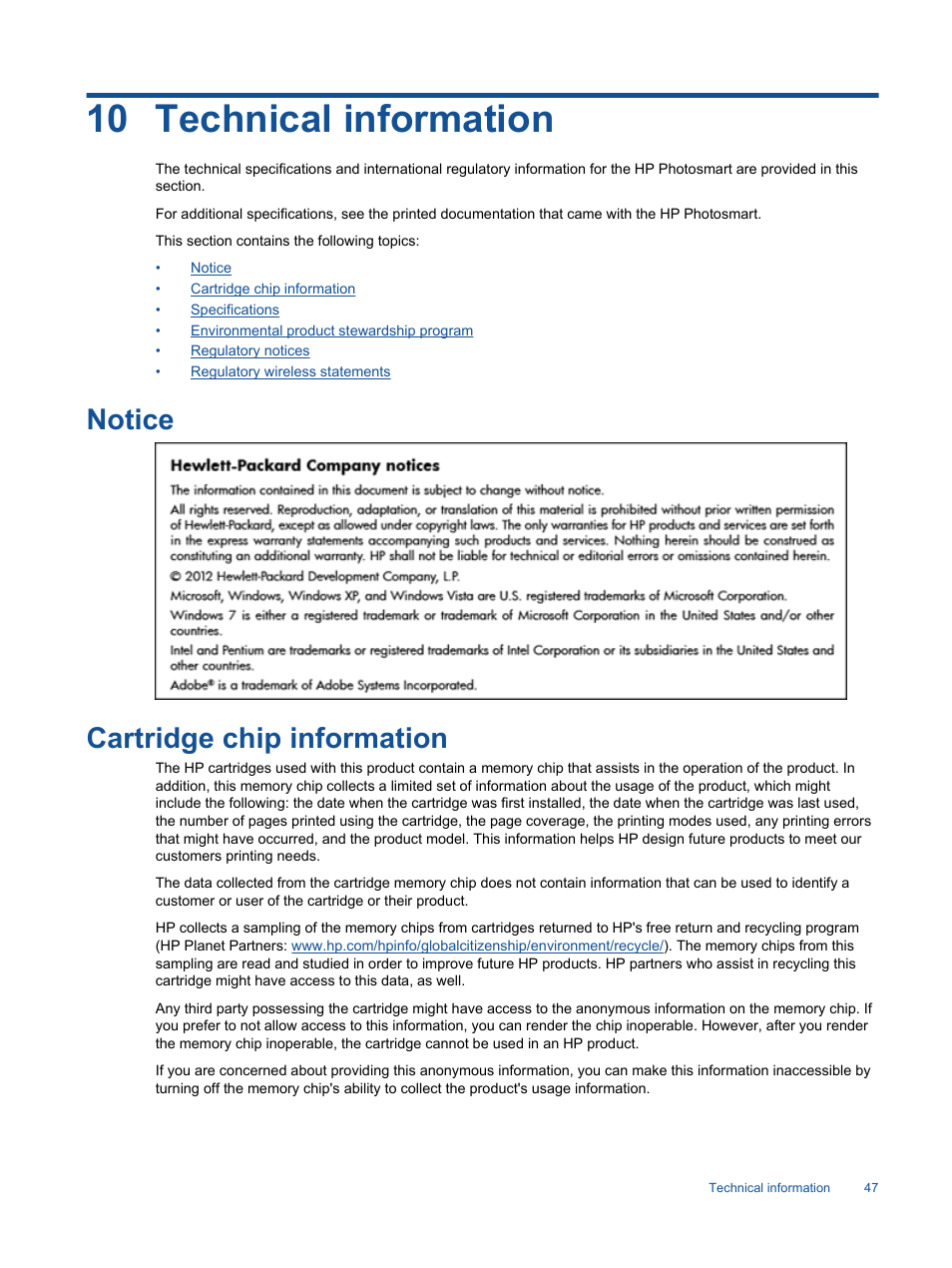 Technical information, Notice, Cartridge chip information | Notice cartridge chip information, 10 technical information | HP Photosmart 6525 e-All-in-One Printer User Manual | Page 49 / 64