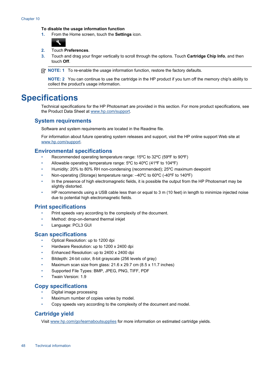 Specifications, System requirements, Environmental specifications | Print specifications, Scan specifications, Copy specifications, Cartridge yield | HP Photosmart 6525 e-All-in-One Printer User Manual | Page 50 / 64