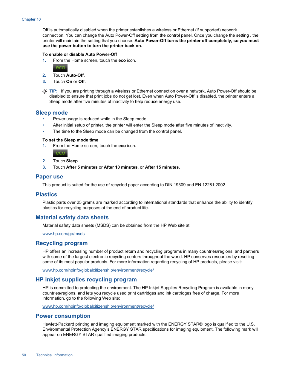 Sleep mode, Paper use, Plastics | Material safety data sheets, Recycling program, Hp inkjet supplies recycling program, Power consumption | HP Photosmart 6525 e-All-in-One Printer User Manual | Page 52 / 64