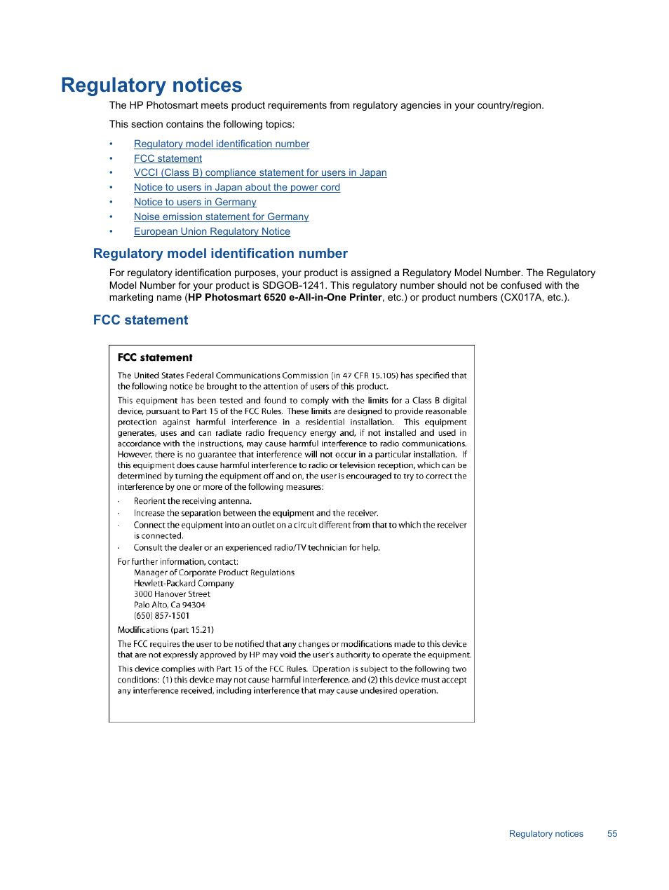 Regulatory notices, Regulatory model identification number, Fcc statement | HP Photosmart 6525 e-All-in-One Printer User Manual | Page 57 / 64