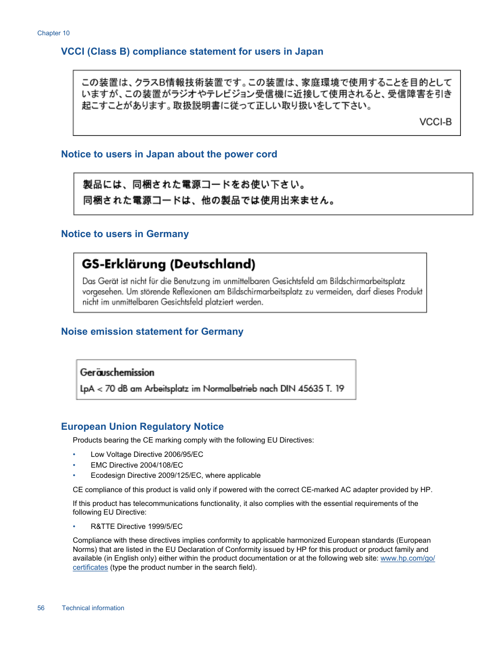 Notice to users in japan about the power cord, Notice to users in germany, Noise emission statement for germany | European union regulatory notice | HP Photosmart 6525 e-All-in-One Printer User Manual | Page 58 / 64