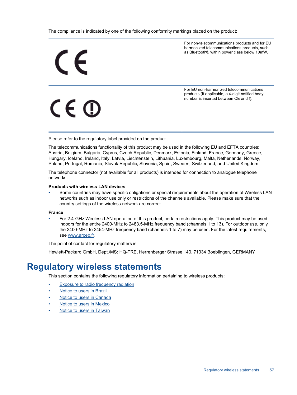 Regulatory wireless statements | HP Photosmart 6525 e-All-in-One Printer User Manual | Page 59 / 64