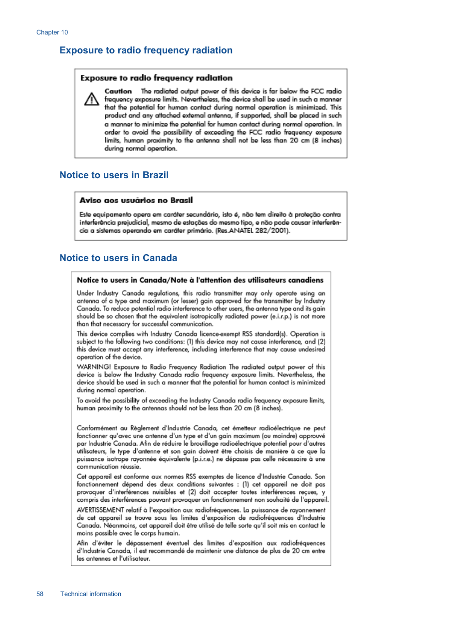 Exposure to radio frequency radiation, Notice to users in brazil, Notice to users in canada | HP Photosmart 6525 e-All-in-One Printer User Manual | Page 60 / 64