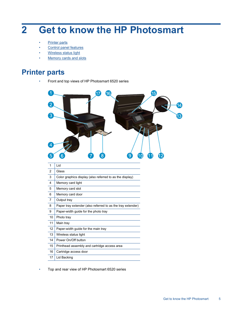Get to know the hp photosmart, Printer parts, 2get to know the hp photosmart | HP Photosmart 6525 e-All-in-One Printer User Manual | Page 7 / 64