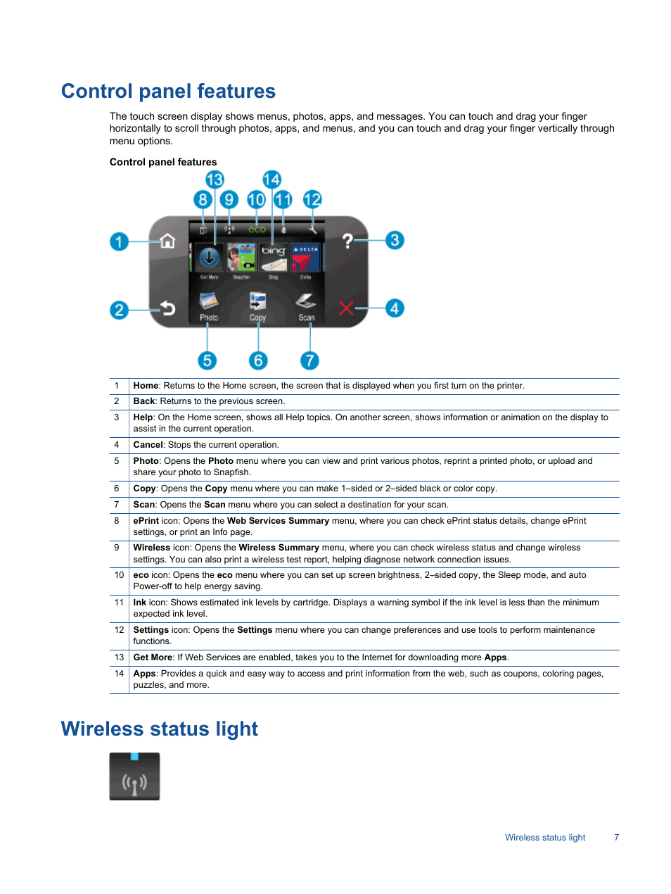 Control panel features, Wireless status light, Control panel features wireless status light | HP Photosmart 6525 e-All-in-One Printer User Manual | Page 9 / 64