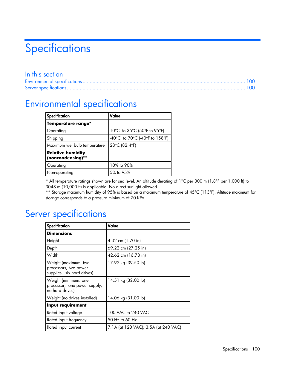 Specifications, Environmental specifications, Server specifications | HP ProLiant DL365 Server User Manual | Page 100 / 116