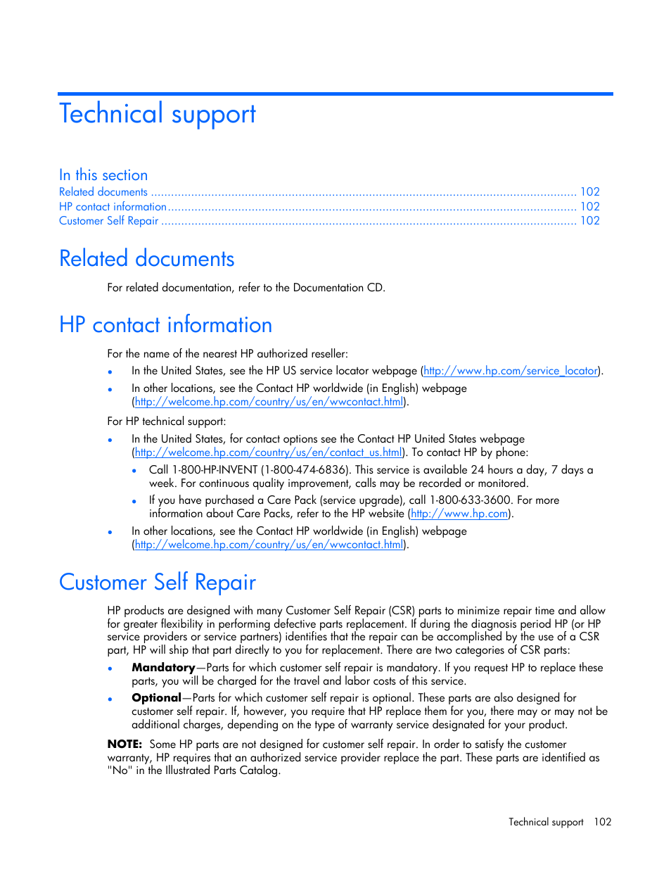 Technical support, Related documents, Hp contact information | Customer self repair | HP ProLiant DL365 Server User Manual | Page 102 / 116