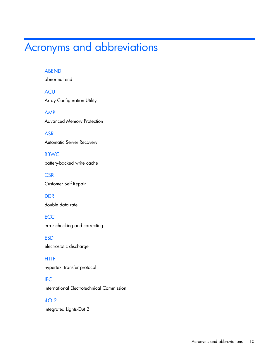 Acronyms and abbreviations | HP ProLiant DL365 Server User Manual | Page 110 / 116