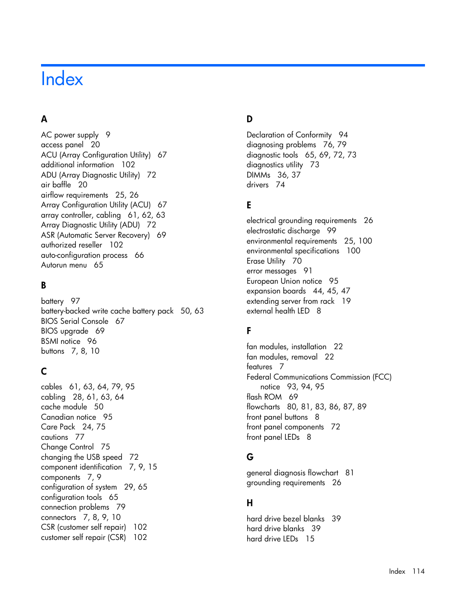 Index | HP ProLiant DL365 Server User Manual | Page 114 / 116