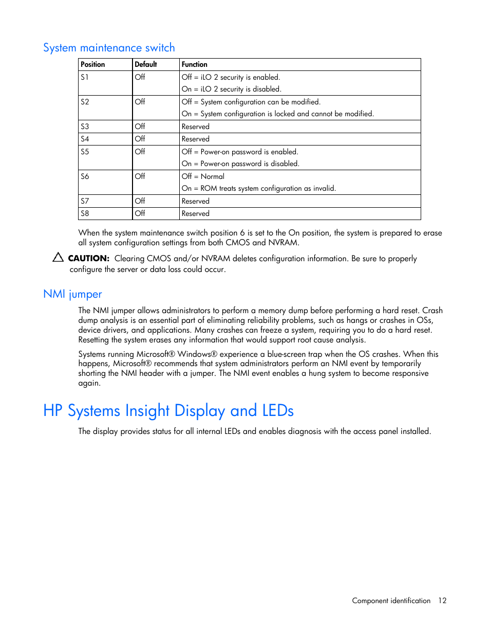 System maintenance switch, Nmi jumper, Hp systems insight display and leds | HP ProLiant DL365 Server User Manual | Page 12 / 116