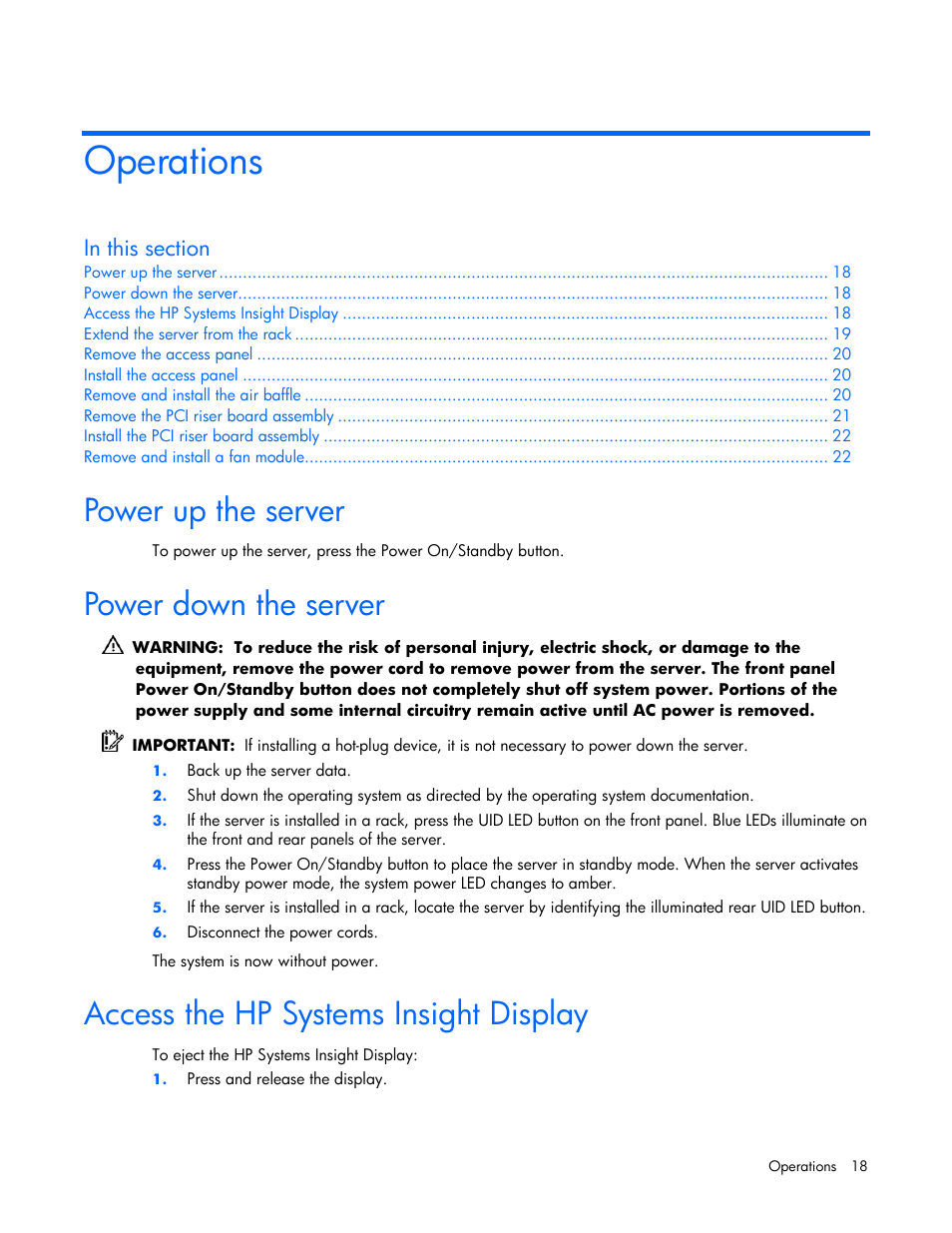 Operations, Power up the server, Power down the server | Access the hp systems insight display | HP ProLiant DL365 Server User Manual | Page 18 / 116