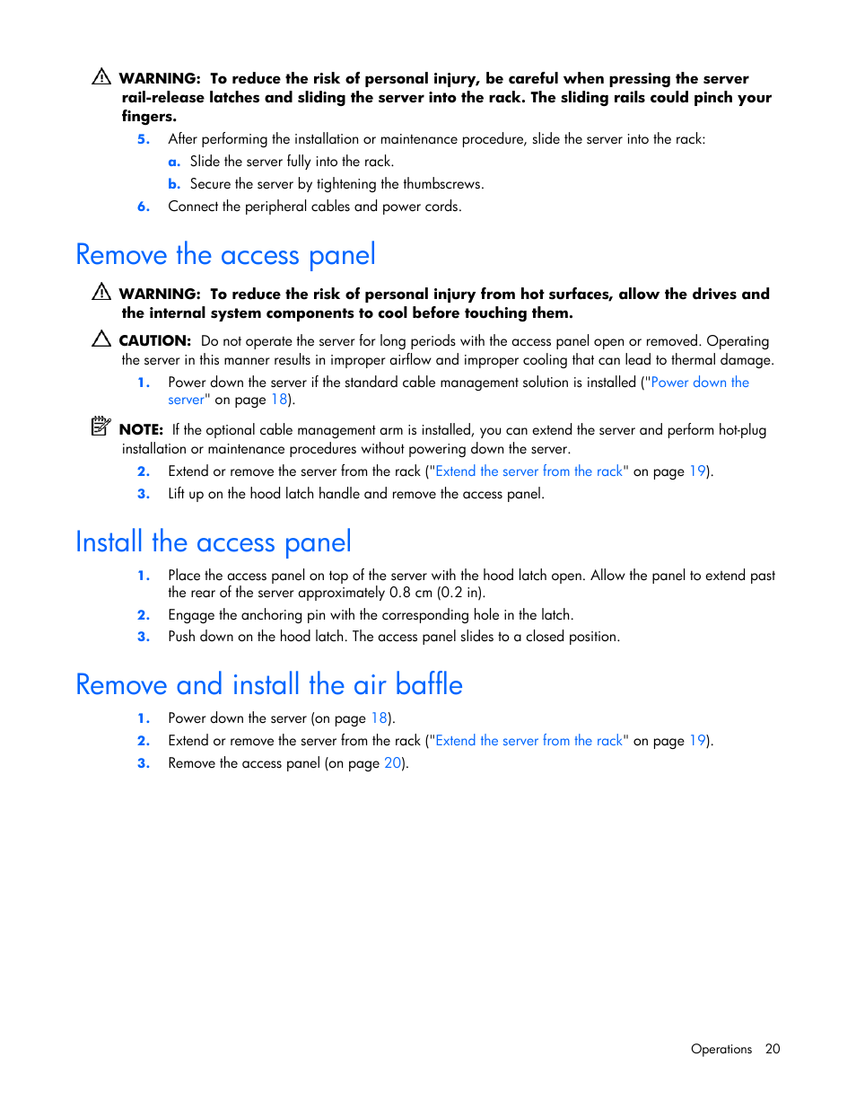 Remove the access panel, Install the access panel, Remove and install the air baffle | 20 remove and install the air baffle | HP ProLiant DL365 Server User Manual | Page 20 / 116