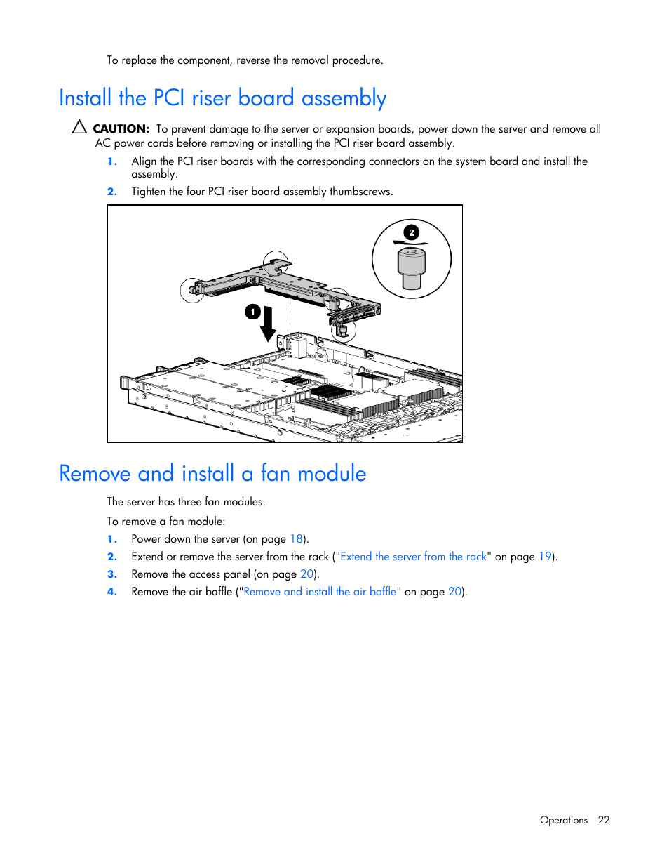 Install the pci riser board assembly, Remove and install a fan module | HP ProLiant DL365 Server User Manual | Page 22 / 116