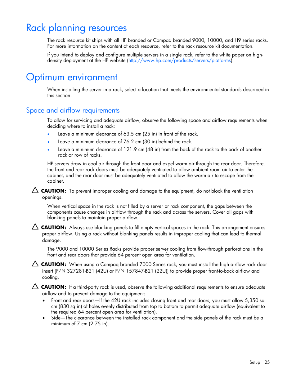 Rack planning resources, Optimum environment, Space and airflow requirements | 25 optimum environment | HP ProLiant DL365 Server User Manual | Page 25 / 116
