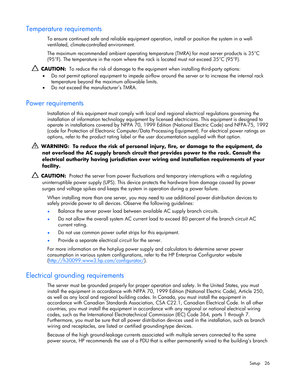 Temperature requirements, Power requirements, Electrical grounding requirements | HP ProLiant DL365 Server User Manual | Page 26 / 116