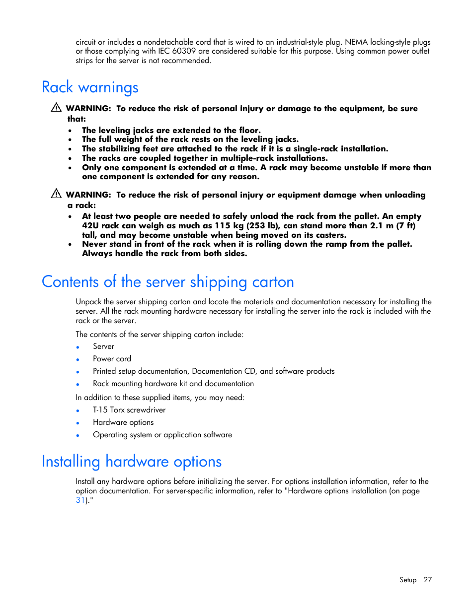 Rack warnings, Contents of the server shipping carton, Installing hardware options | HP ProLiant DL365 Server User Manual | Page 27 / 116