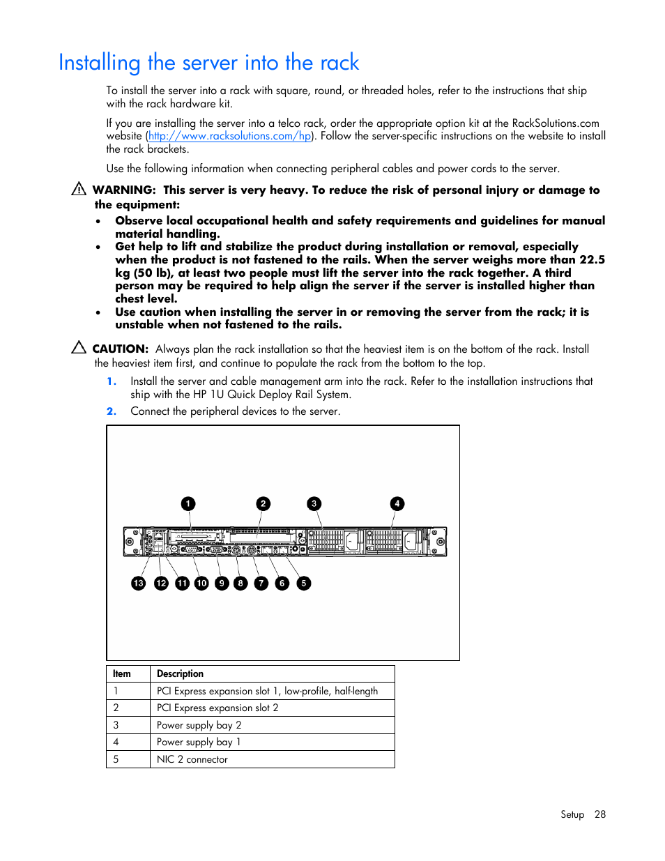 Installing the server into the rack | HP ProLiant DL365 Server User Manual | Page 28 / 116