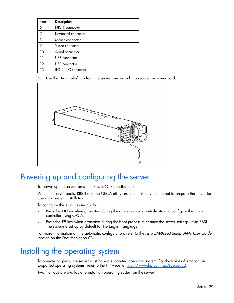 Powering up and configuring the server, Installing the operating system | HP ProLiant DL365 Server User Manual | Page 29 / 116