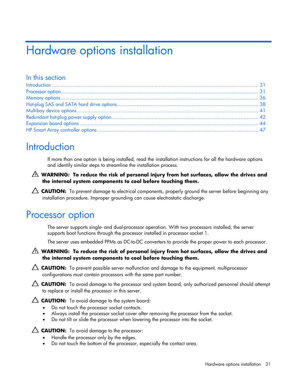 Hardware options installation, Introduction, Processor option | HP ProLiant DL365 Server User Manual | Page 31 / 116