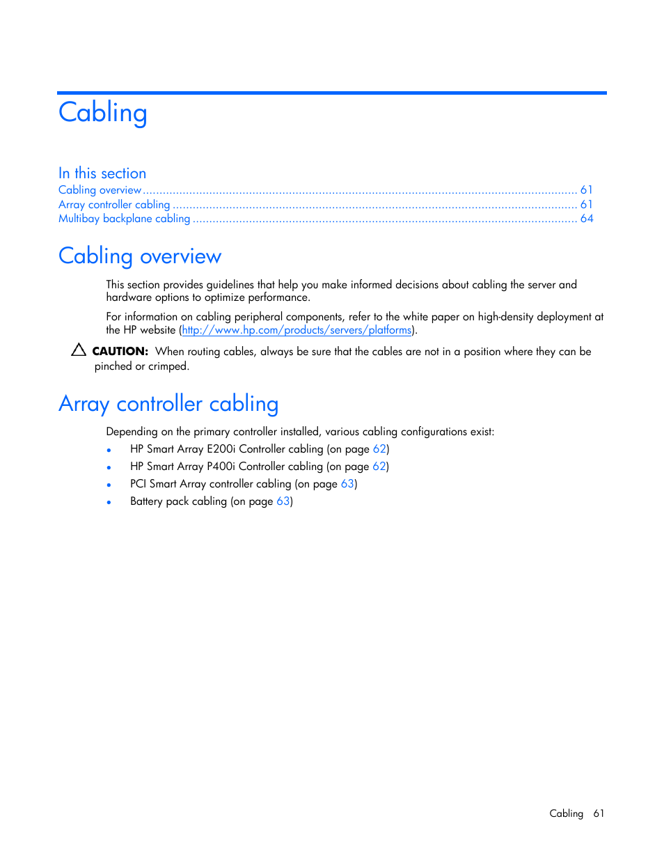 Cabling, Cabling overview, Array controller cabling | HP ProLiant DL365 Server User Manual | Page 61 / 116