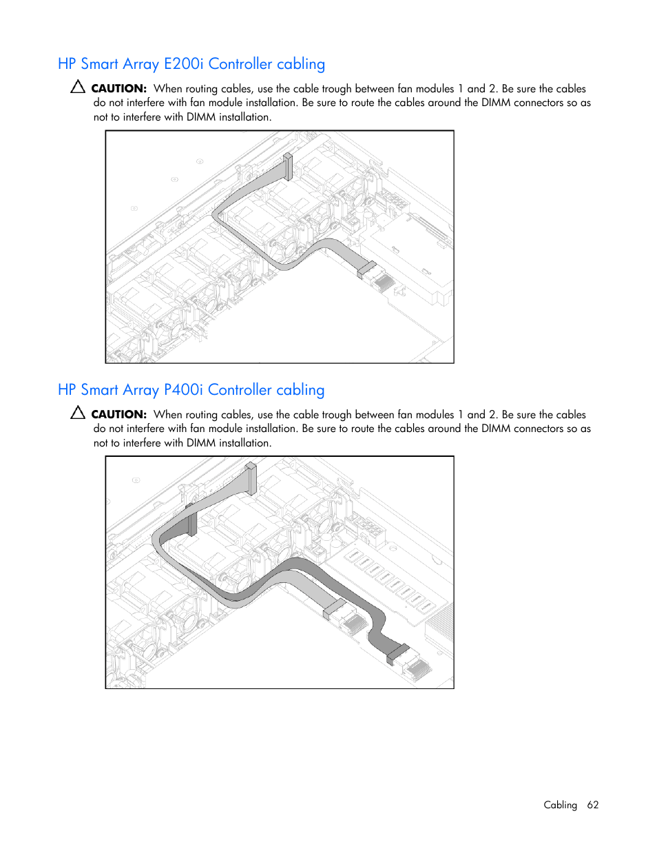 Hp smart array e200i controller cabling, Hp smart array p400i controller cabling | HP ProLiant DL365 Server User Manual | Page 62 / 116