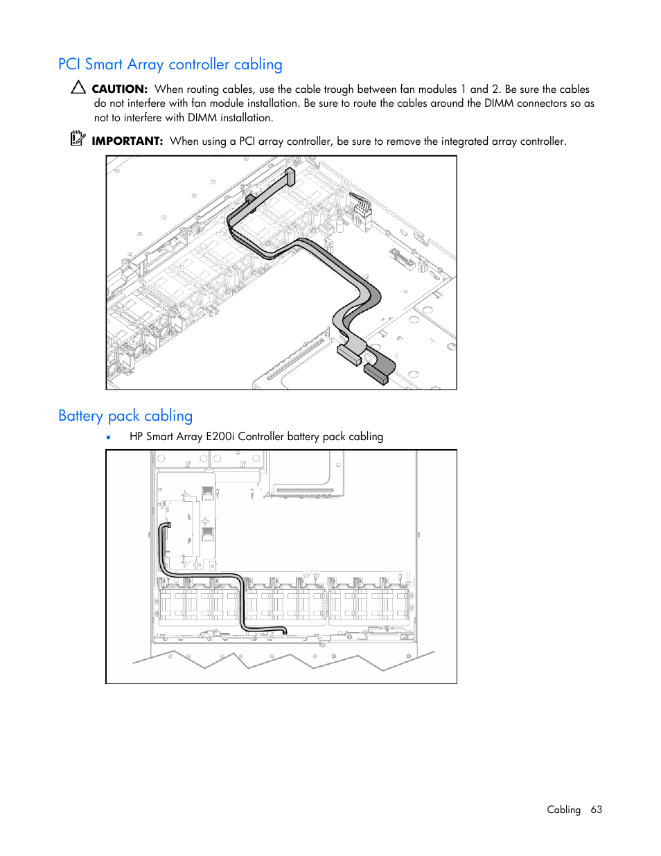 Pci smart array controller cabling, Battery pack cabling | HP ProLiant DL365 Server User Manual | Page 63 / 116