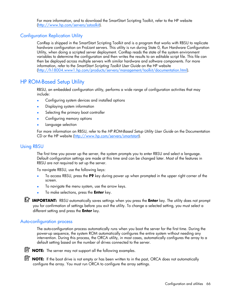 Configuration replication utility, Hp rom-based setup utility, Using rbsu | Auto-configuration process | HP ProLiant DL365 Server User Manual | Page 66 / 116