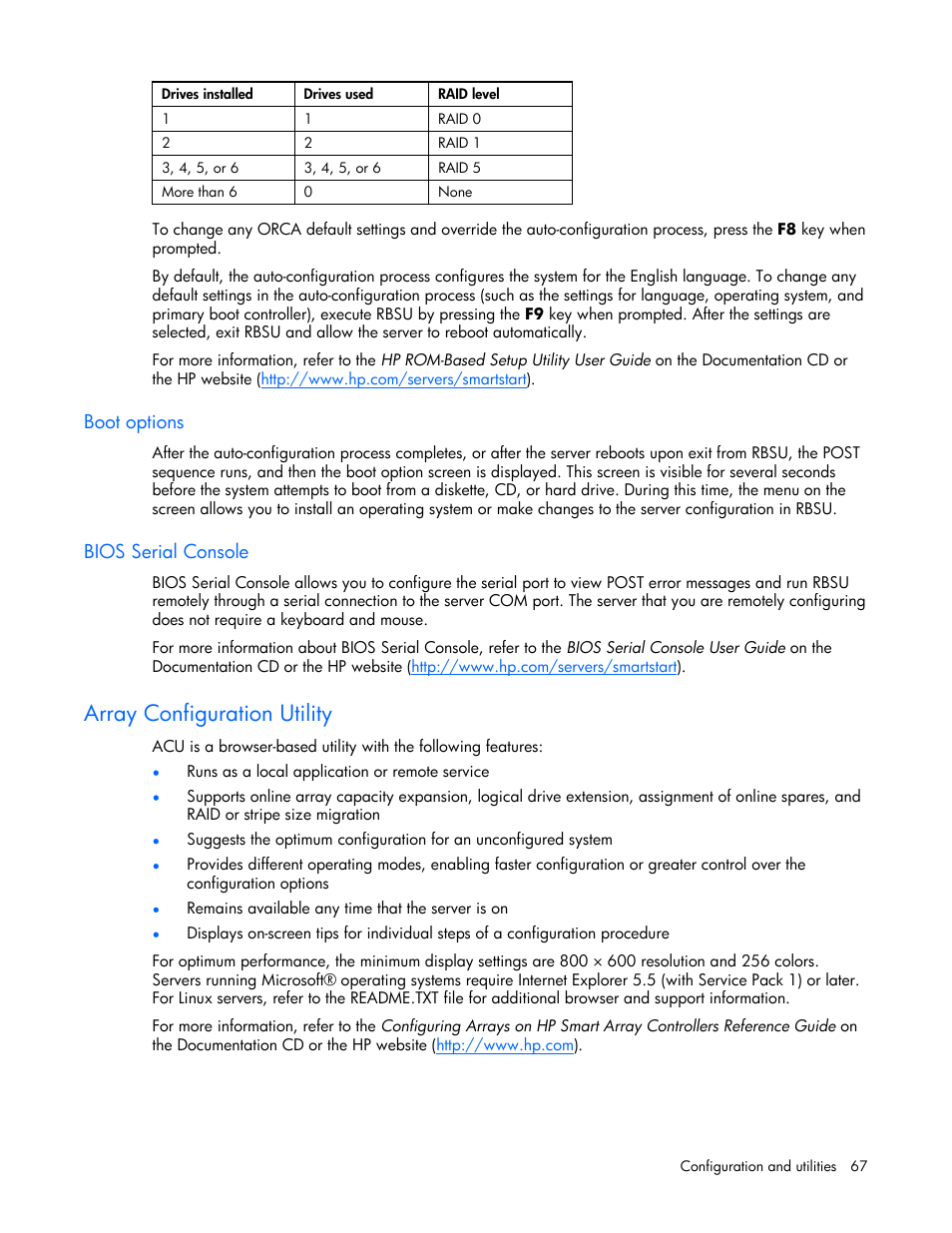 Boot options, Bios serial console, Array configuration utility | HP ProLiant DL365 Server User Manual | Page 67 / 116